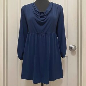 AB Studio Babydoll Top Cowl Neck Empire Waist Peplum Navy Blue XL 3/4 Sleeve USA